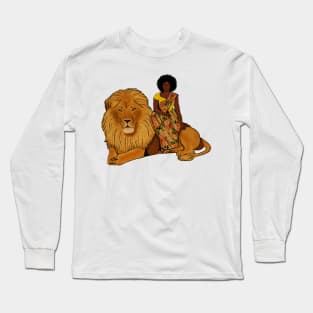 Proud African Afro Woman with Lion and Kente Pattern Long Sleeve T-Shirt